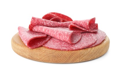 Photo of Slices of tasty smoked sausage isolated on white