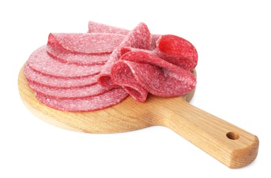 Photo of Slices of tasty smoked sausage isolated on white