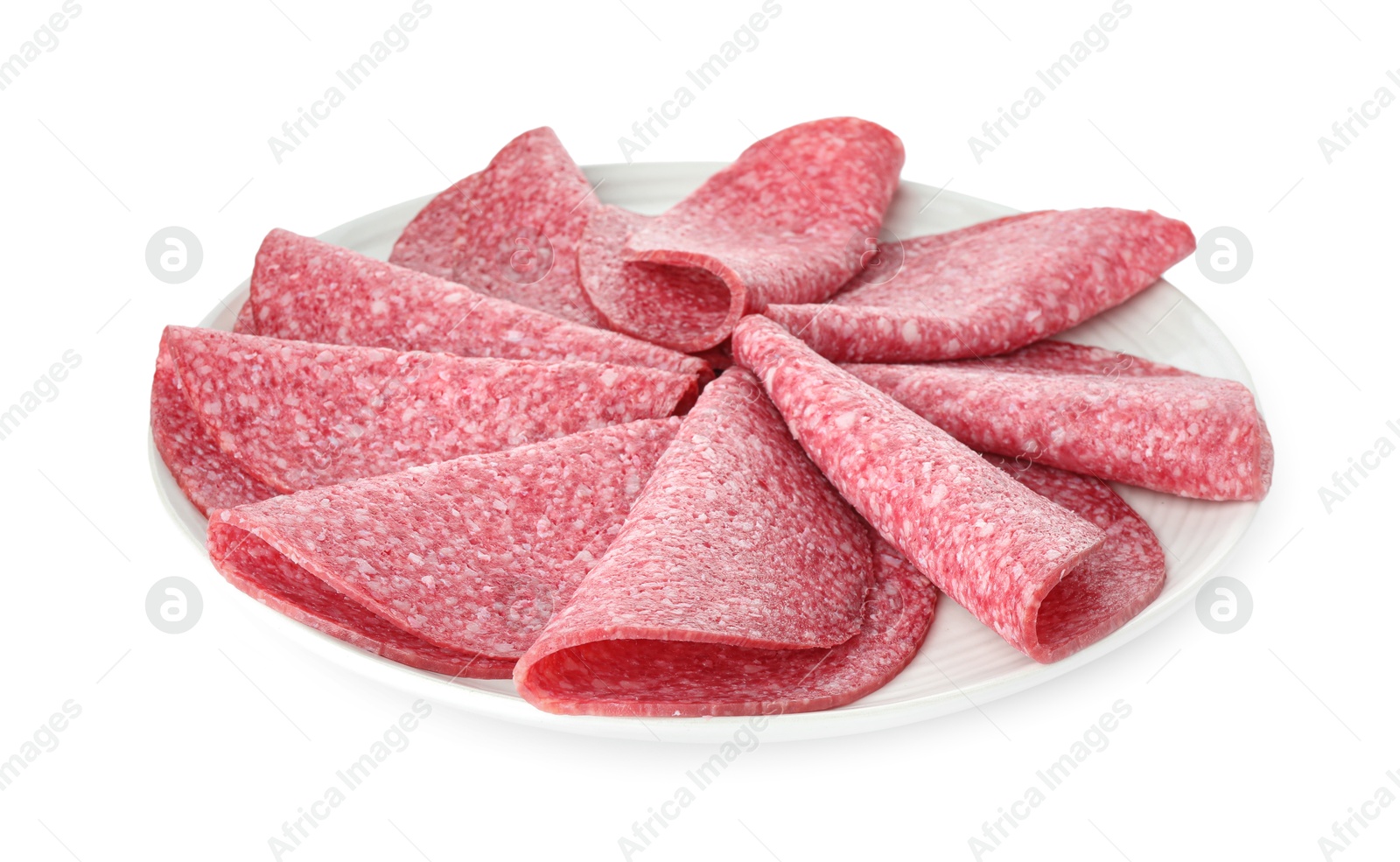 Slices of tasty smoked sausage isolated on white Photo of Slices of tasty smoked sausage isolated on white