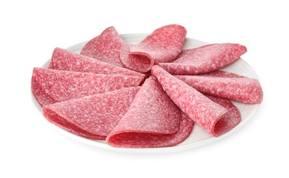 Photo of Slices of tasty smoked sausage isolated on white