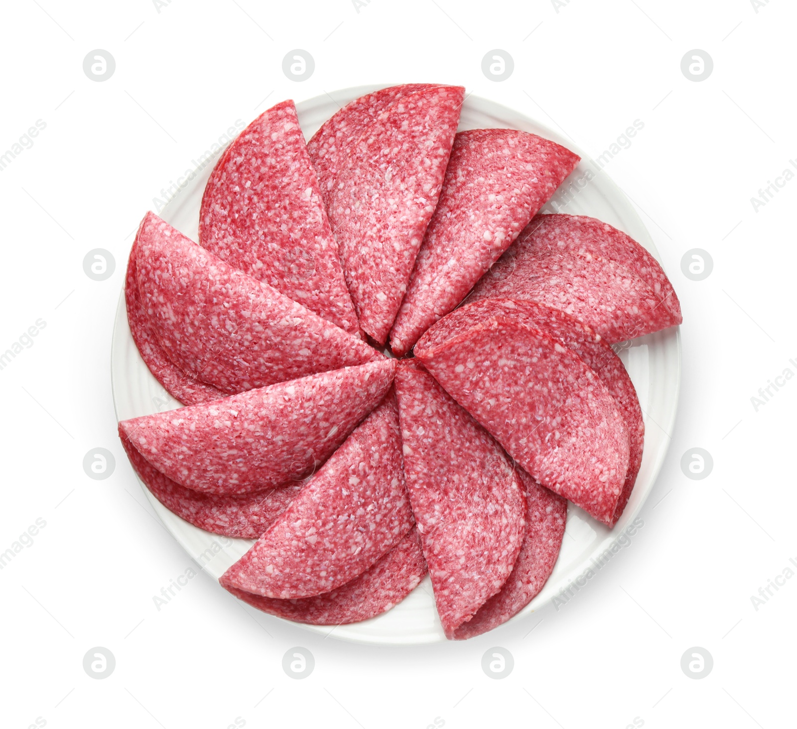 Slices of tasty smoked sausage isolated on white, top view Photo of Slices of tasty smoked sausage isolated on white, top view