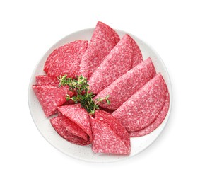 Photo of Slices of tasty smoked sausage with thyme isolated on white, top view