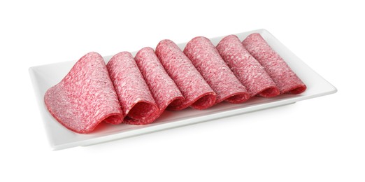 Photo of Slices of tasty smoked sausage isolated on white