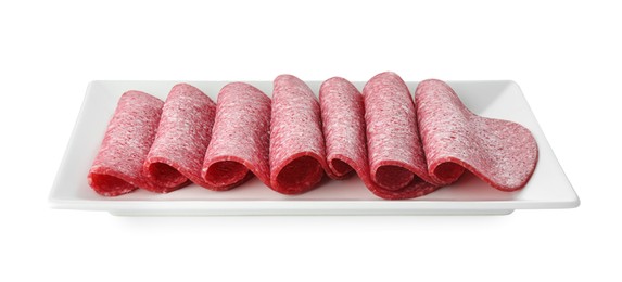 Photo of Slices of tasty smoked sausage isolated on white
