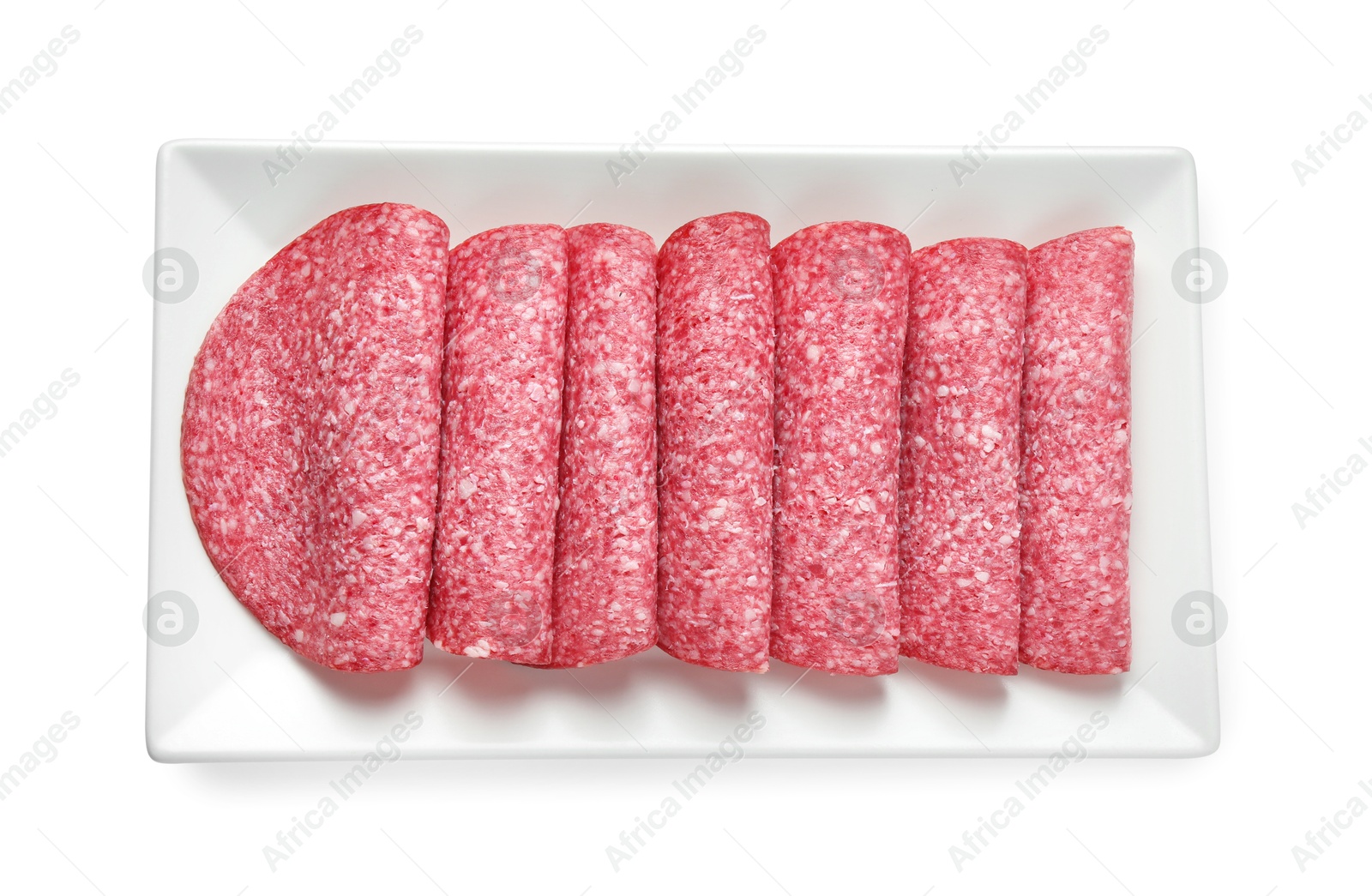 Photo of Slices of tasty smoked sausage isolated on white, top view