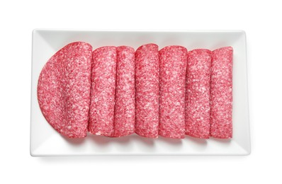 Photo of Slices of tasty smoked sausage isolated on white, top view