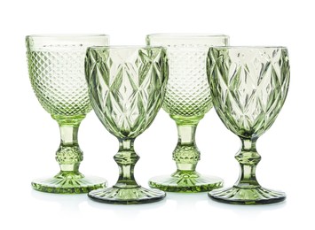 Photo of Different empty clean glasses isolated on white