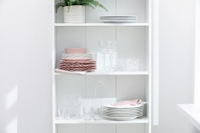 Photo of Clean glasses, plates and green houseplant on shelves near white wall indoors