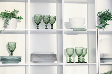 Photo of Clean glasses, plates and green houseplants on shelves near white wall indoors