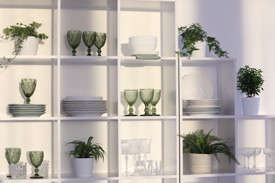 Photo of Clean glasses, plates and green houseplants on shelves near white wall indoors