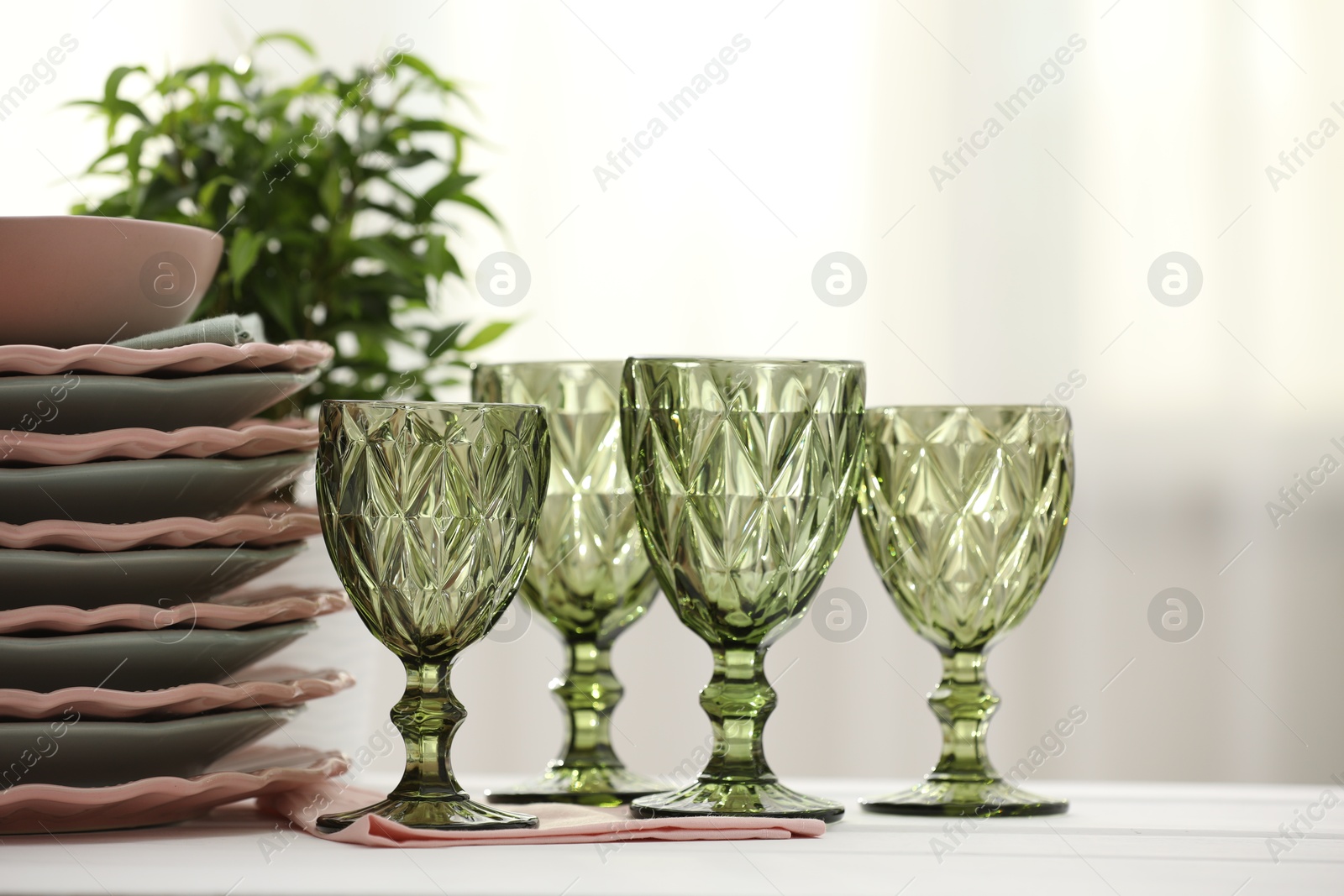 Clean glasses, plates and green houseplant on white wooden table indoors Photo of Clean glasses, plates and green houseplant on white wooden table indoors