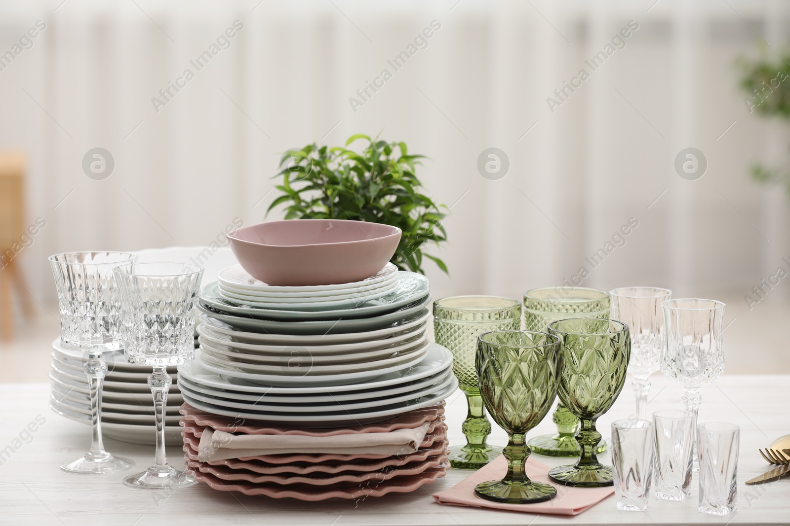Clean glasses, plates and green houseplant on white wooden table indoors Photo of Clean glasses, plates and green houseplant on white wooden table indoors