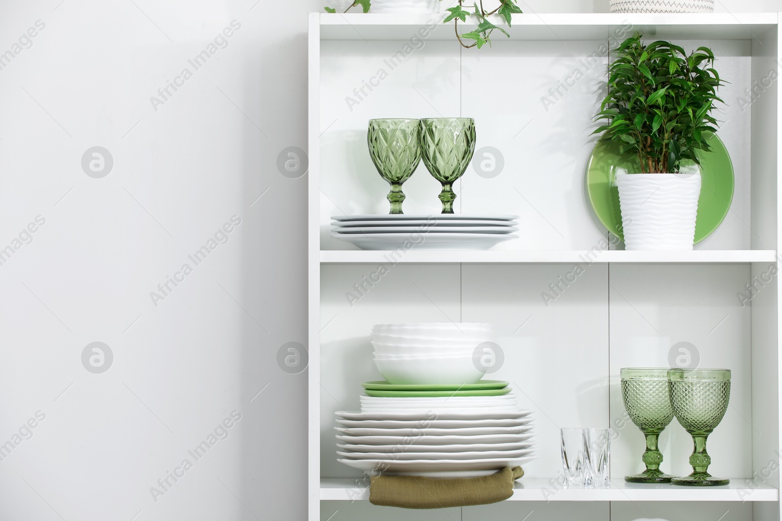 Clean glasses, plates and green houseplant on shelves near white wall indoors, space for text Photo of Clean glasses, plates and green houseplant on shelves near white wall indoors, space for text