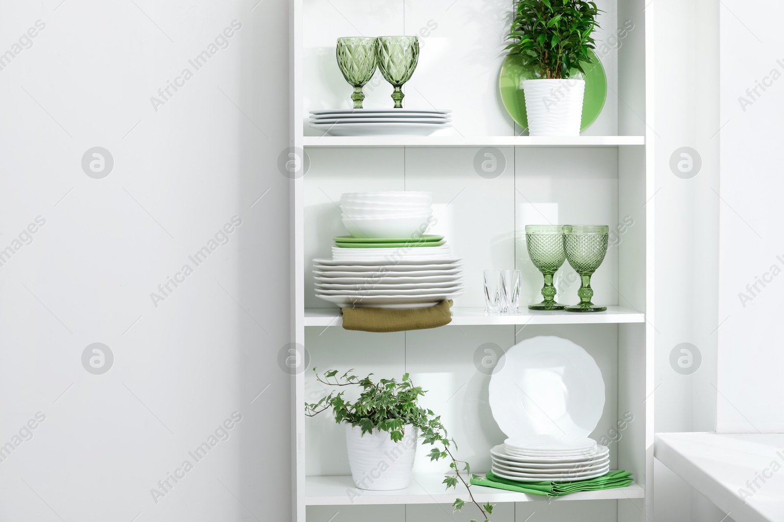 Clean glasses, plates and green houseplants on shelves near white wall indoors, space for text Photo of Clean glasses, plates and green houseplants on shelves near white wall indoors, space for text