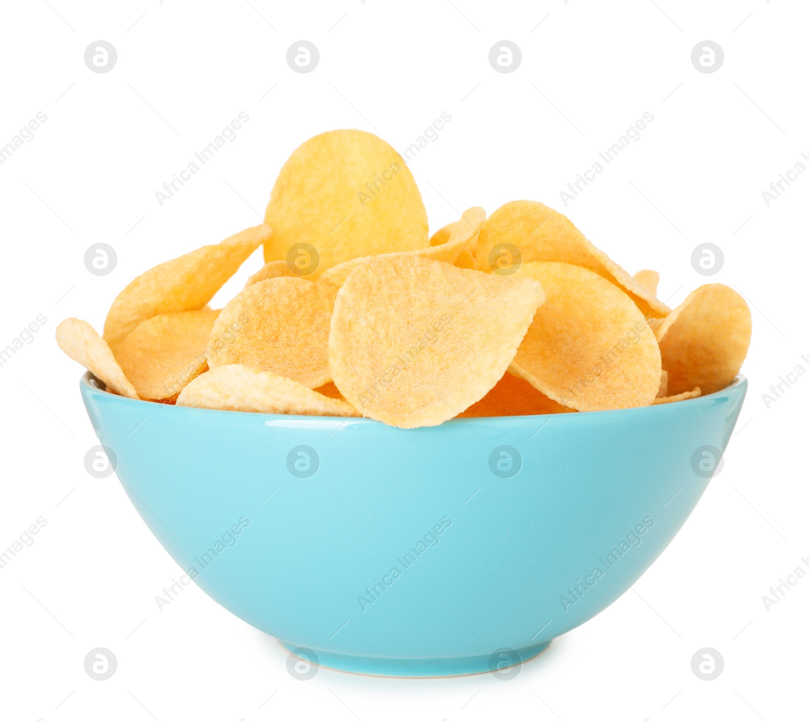 Tasty chips in bowl isolated on white Photo of Tasty chips in bowl isolated on white