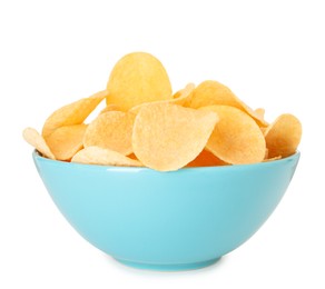 Photo of Tasty chips in bowl isolated on white