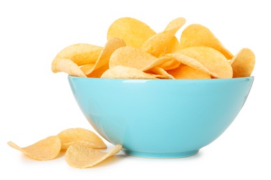 Photo of Tasty chips in bowl isolated on white