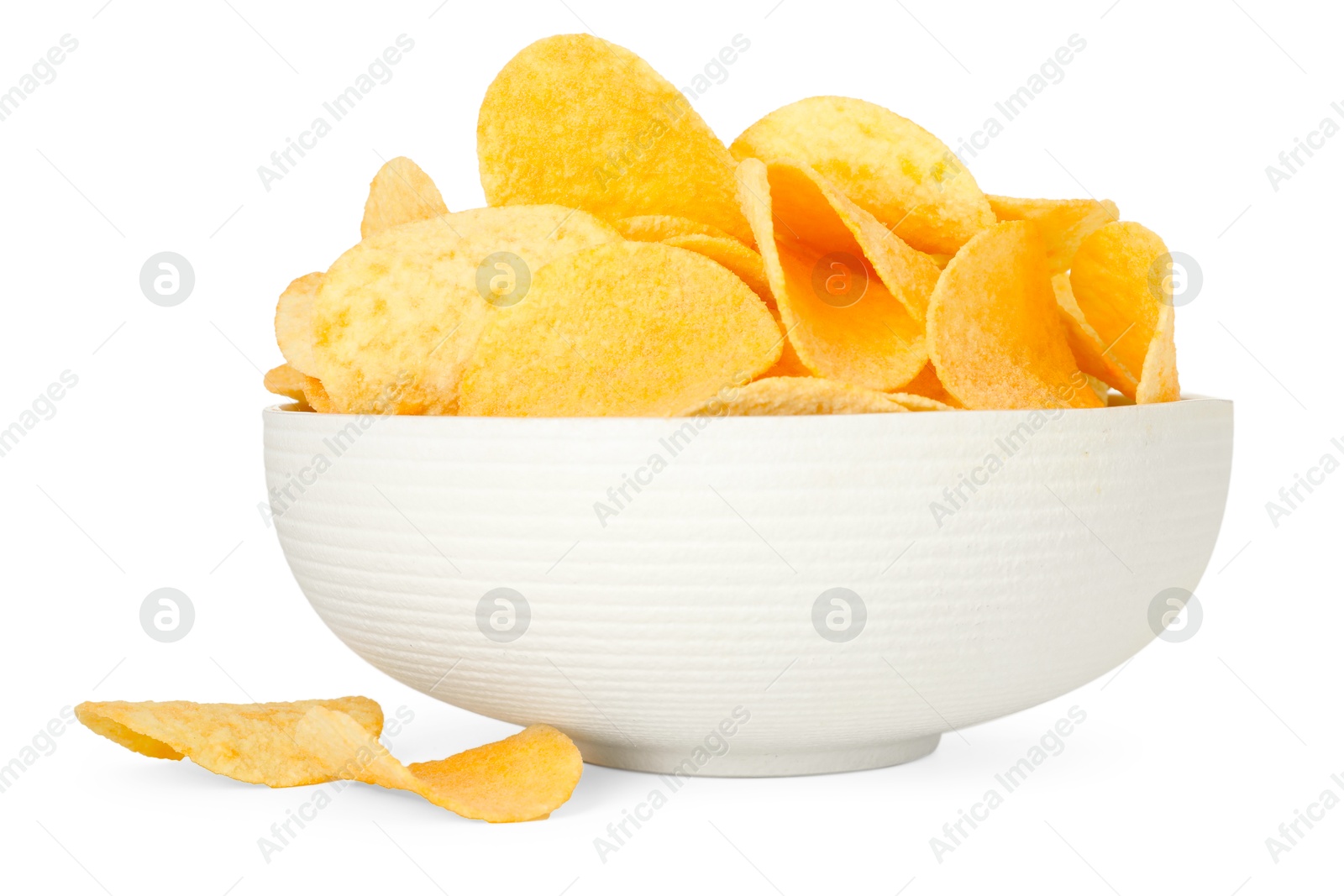 Tasty chips in bowl isolated on white Photo of Tasty chips in bowl isolated on white