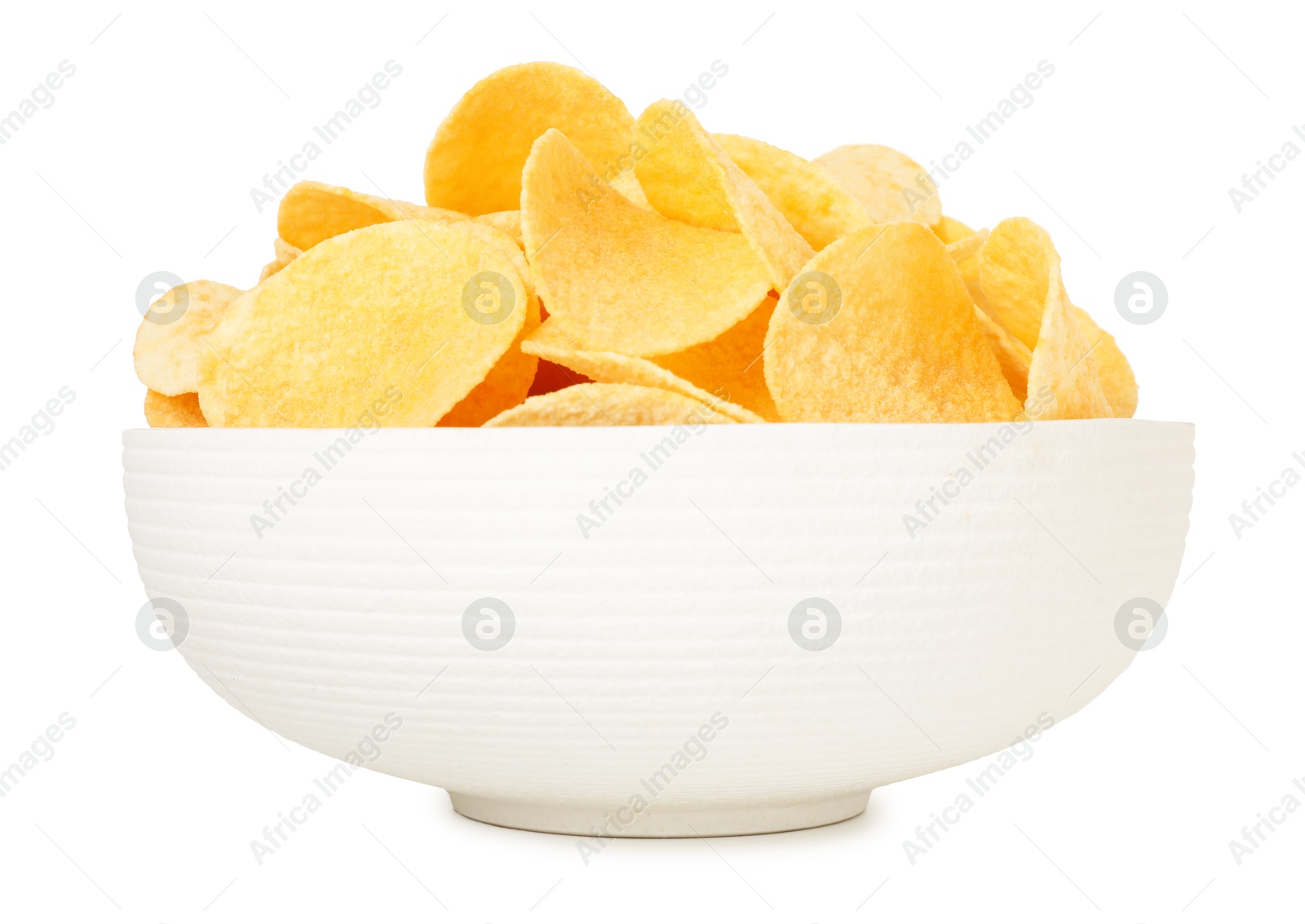 Tasty chips in bowl isolated on white Photo of Tasty chips in bowl isolated on white