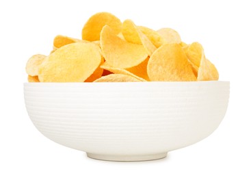 Photo of Tasty chips in bowl isolated on white