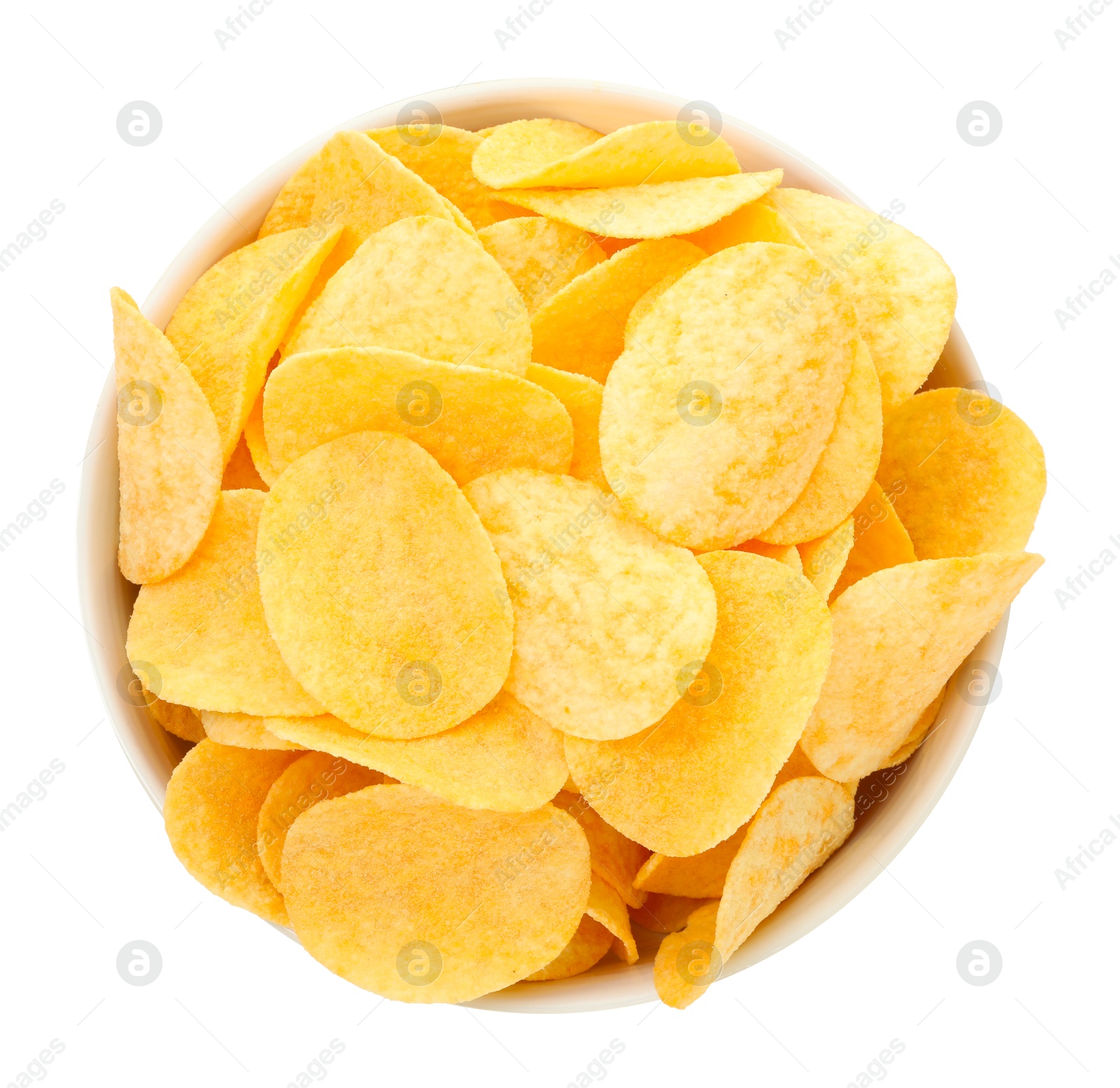 Tasty chips in bowl isolated on white, top view Photo of Tasty chips in bowl isolated on white, top view