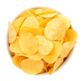 Photo of Tasty chips in bowl isolated on white, top view