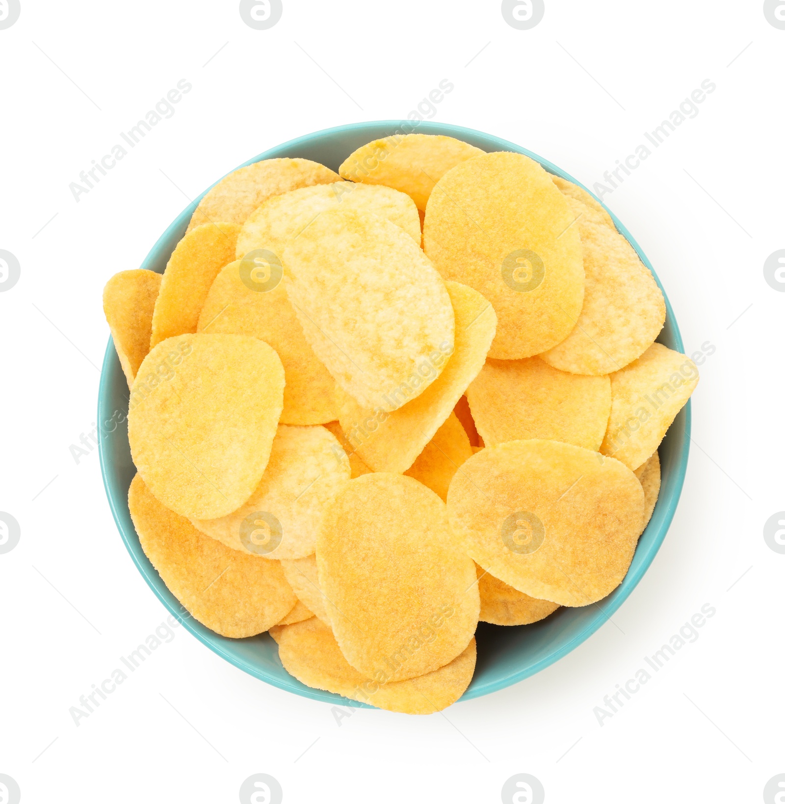 Tasty chips in bowl isolated on white, top view Photo of Tasty chips in bowl isolated on white, top view