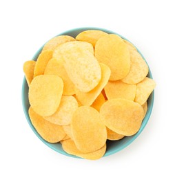 Photo of Tasty chips in bowl isolated on white, top view