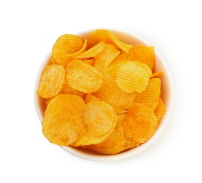 Photo of Tasty ridged chips in bowl isolated on white, top view