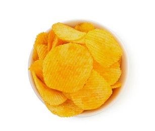 Photo of Tasty ridged chips in bowl isolated on white, top view