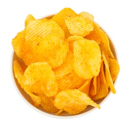 Photo of Tasty ridged chips in bowl isolated on white, top view