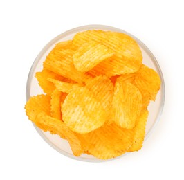 Photo of Tasty ridged chips in bowl isolated on white, top view