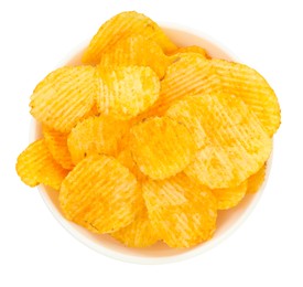 Photo of Tasty ridged chips in bowl isolated on white, top view