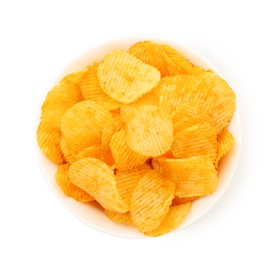 Photo of Tasty ridged chips in bowl isolated on white, top view