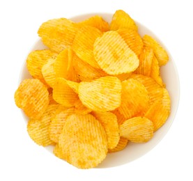 Photo of Tasty ridged chips in bowl isolated on white, top view