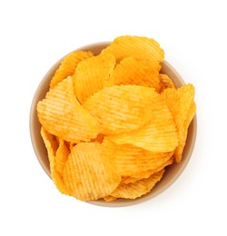 Photo of Tasty ridged chips in bowl isolated on white, top view
