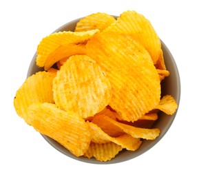 Photo of Tasty ridged chips in bowl isolated on white, top view