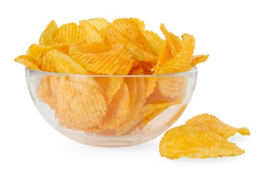 Photo of Tasty ridged chips in bowl isolated on white