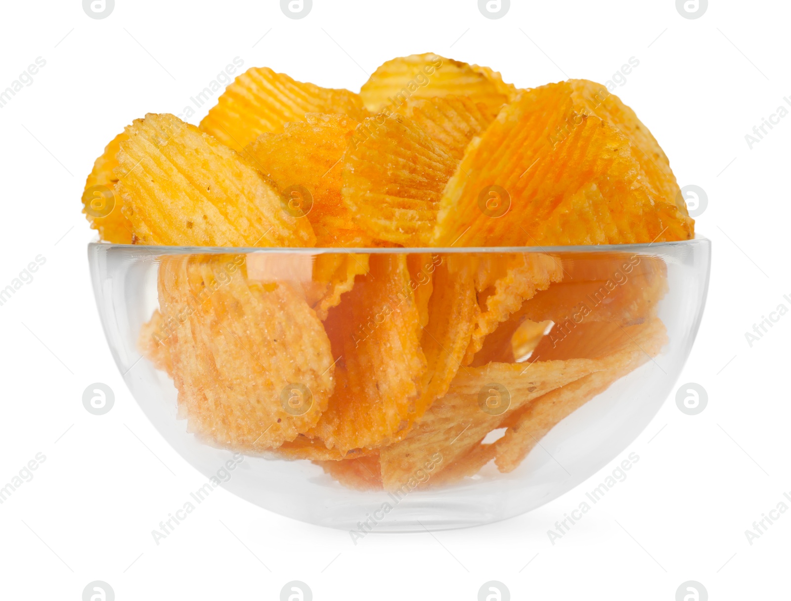 Tasty ridged chips in bowl isolated on white Photo of Tasty ridged chips in bowl isolated on white