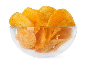 Photo of Tasty ridged chips in bowl isolated on white