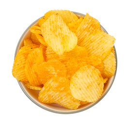 Photo of Tasty ridged chips in bowl isolated on white, top view