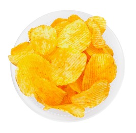 Photo of Tasty ridged chips in bowl isolated on white, top view