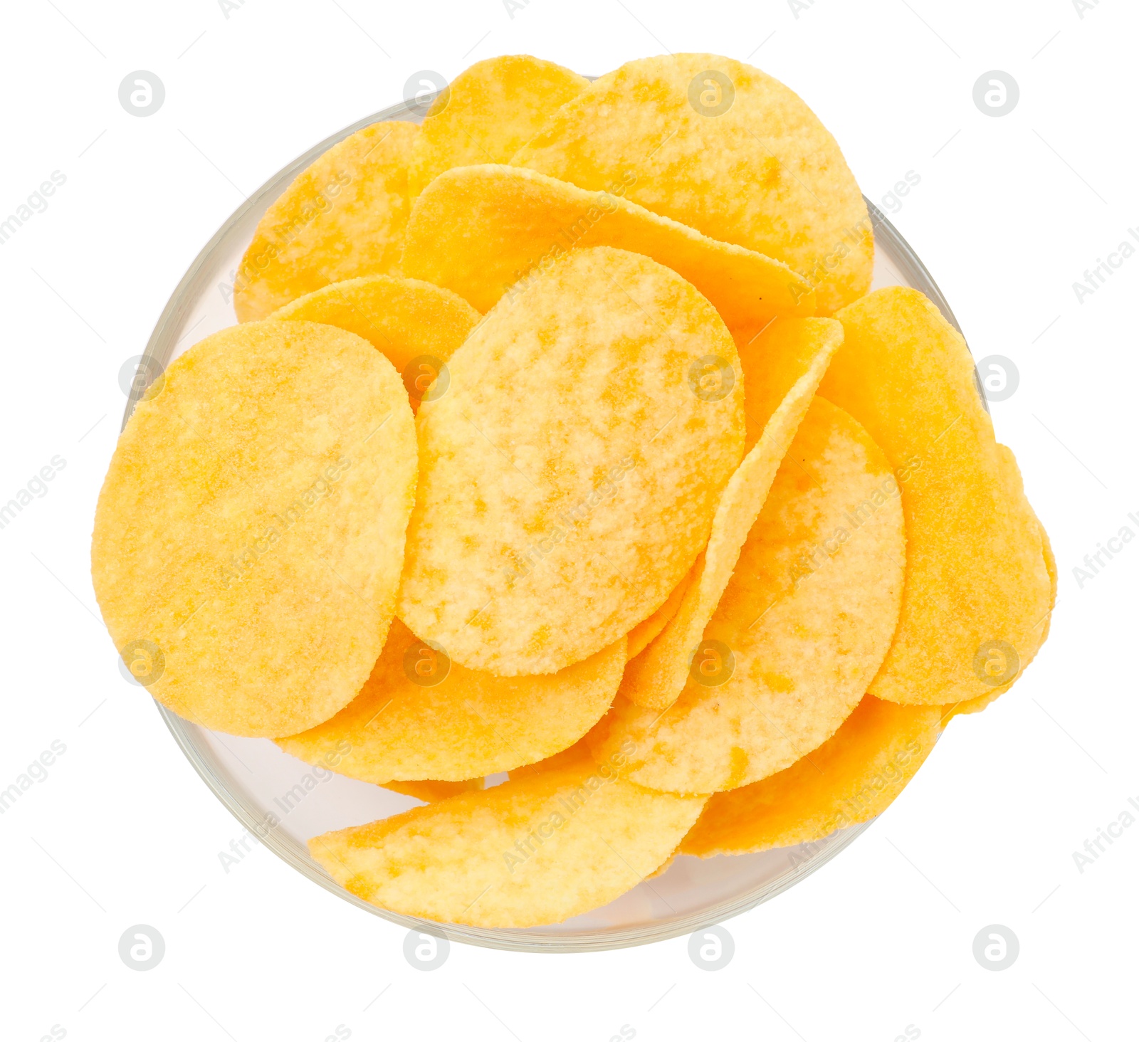 Tasty chips in bowl isolated on white, top view Photo of Tasty chips in bowl isolated on white, top view
