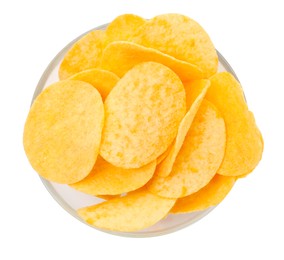 Photo of Tasty chips in bowl isolated on white, top view