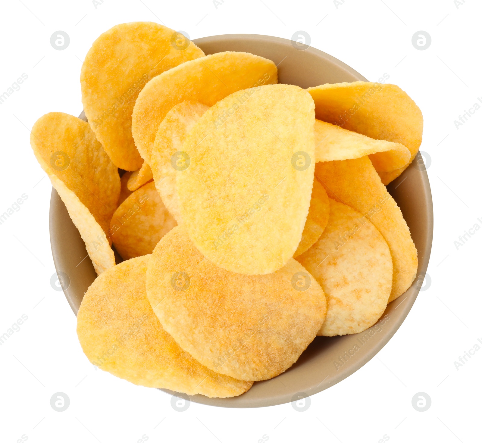 Tasty chips in bowl isolated on white, top view Photo of Tasty chips in bowl isolated on white, top view