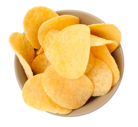 Photo of Tasty chips in bowl isolated on white, top view