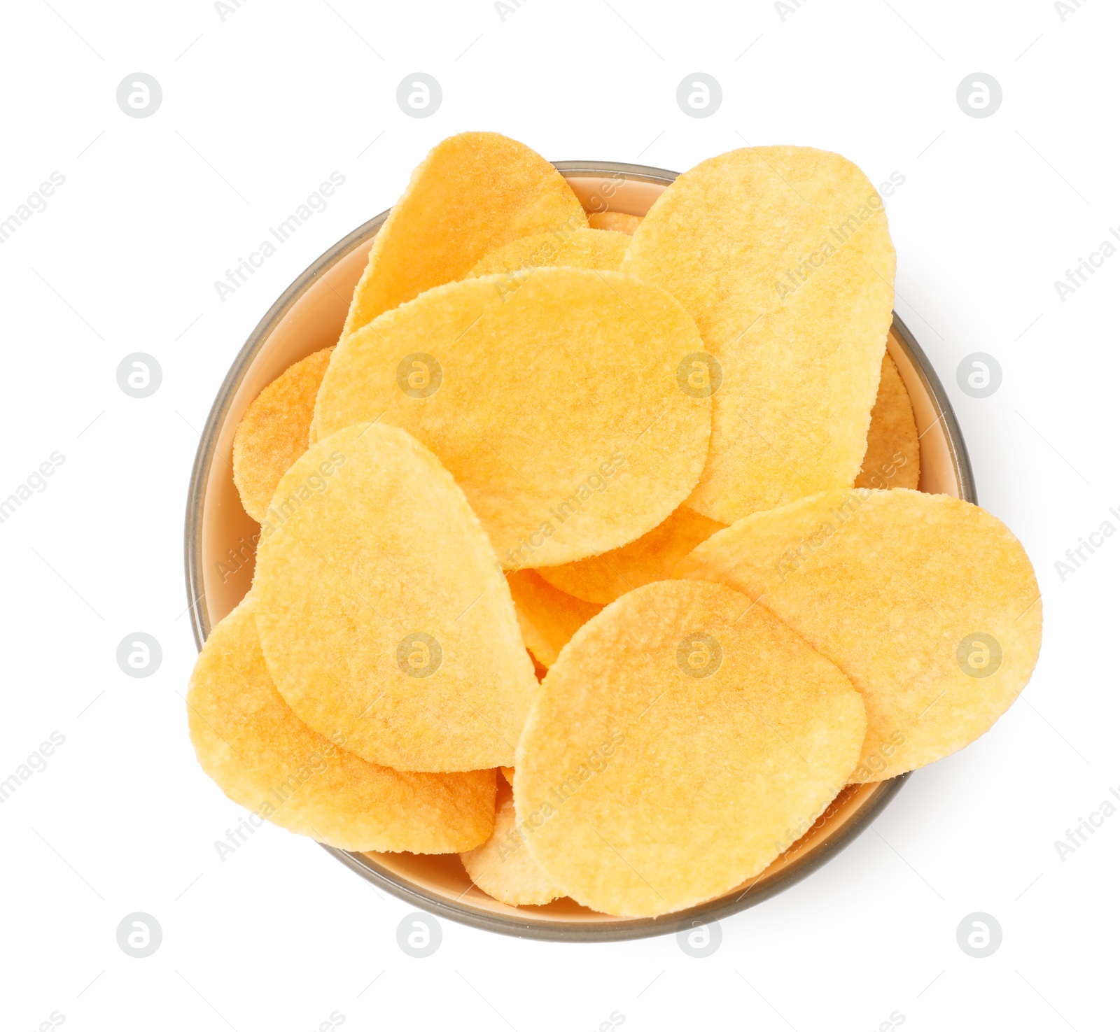 Tasty chips in bowl isolated on white, top view Photo of Tasty chips in bowl isolated on white, top view