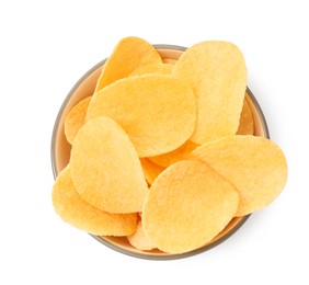 Photo of Tasty chips in bowl isolated on white, top view