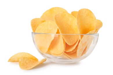 Photo of Tasty chips in bowl isolated on white