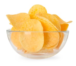 Photo of Tasty chips in bowl isolated on white